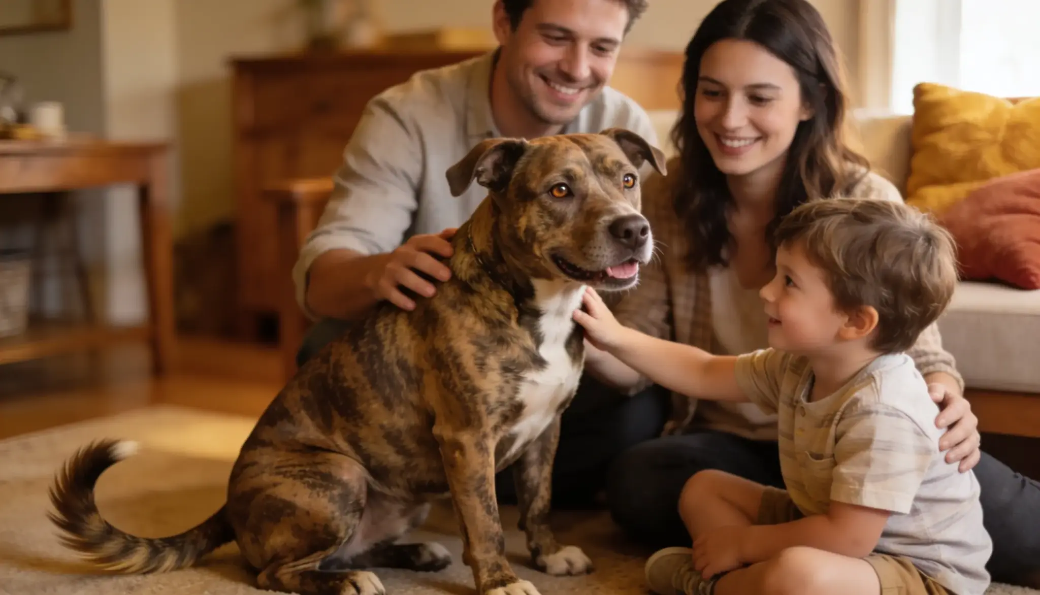 brindle pitbull calmly interacting with a family
