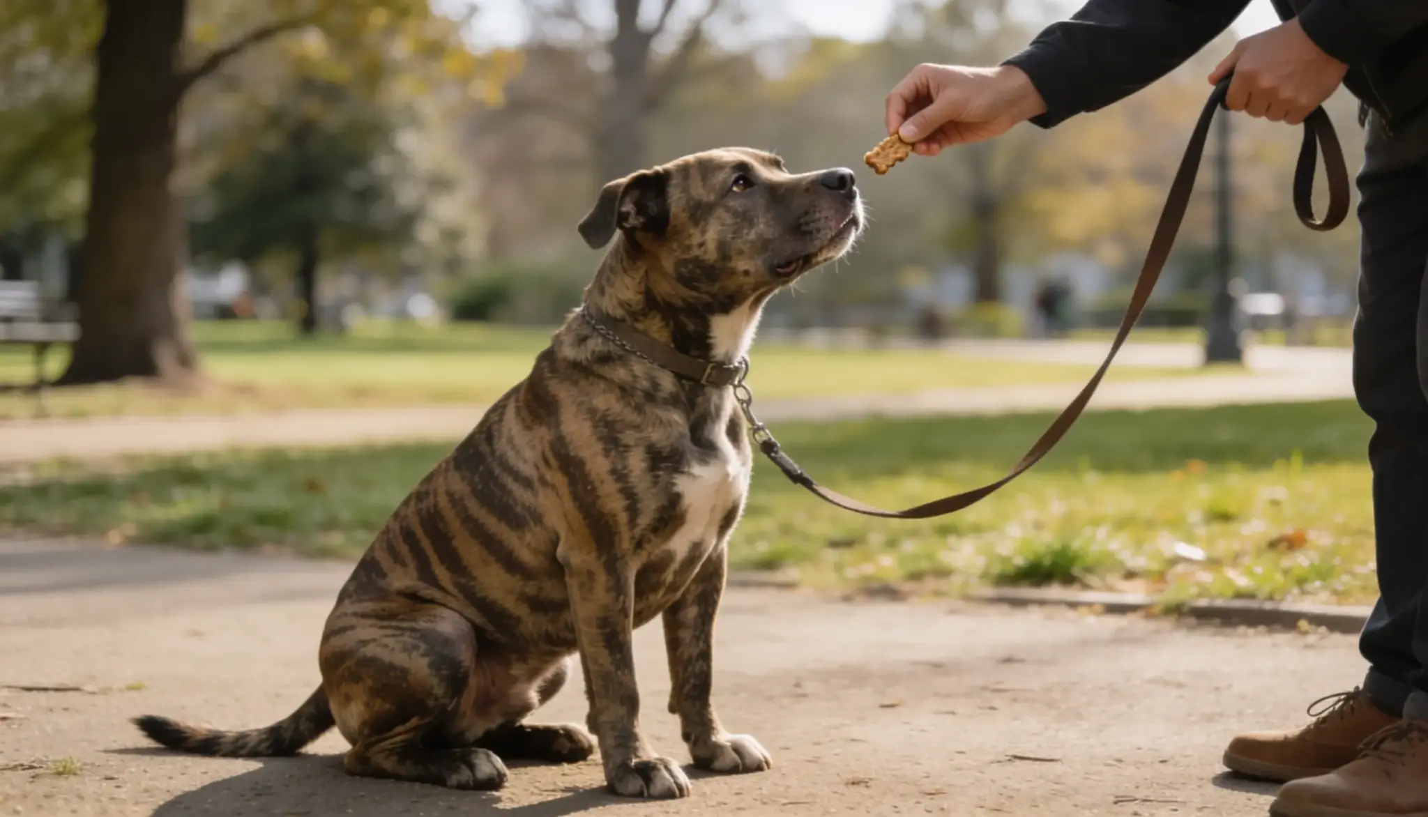 brindle pitbull learning commands during positive reinforcement training outdoors