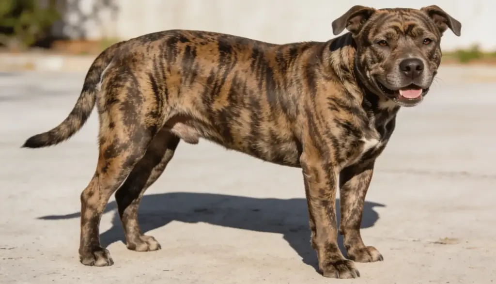 brindle pitbull with a striped coat standing outdoors