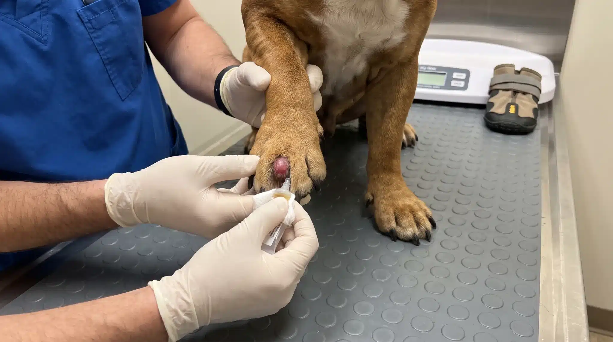 broad dog paw with an interdigital furuncle treated by a veterinarian in a clean clini