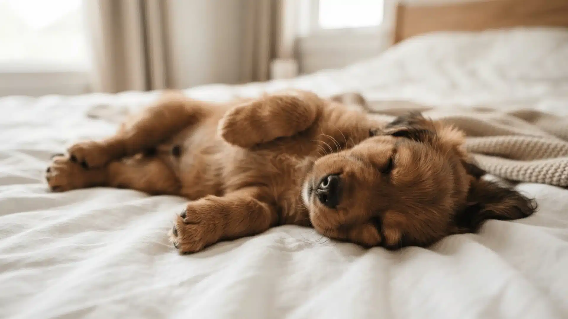 Brown puppy sleeping on its back on white bedsheets, relaxed and peaceful close-up natural light