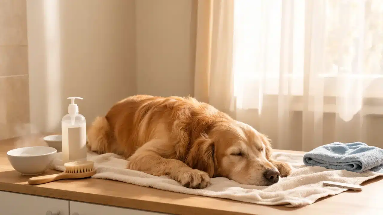 calm dog resting after safe cleaning for possible poison ivy exposure