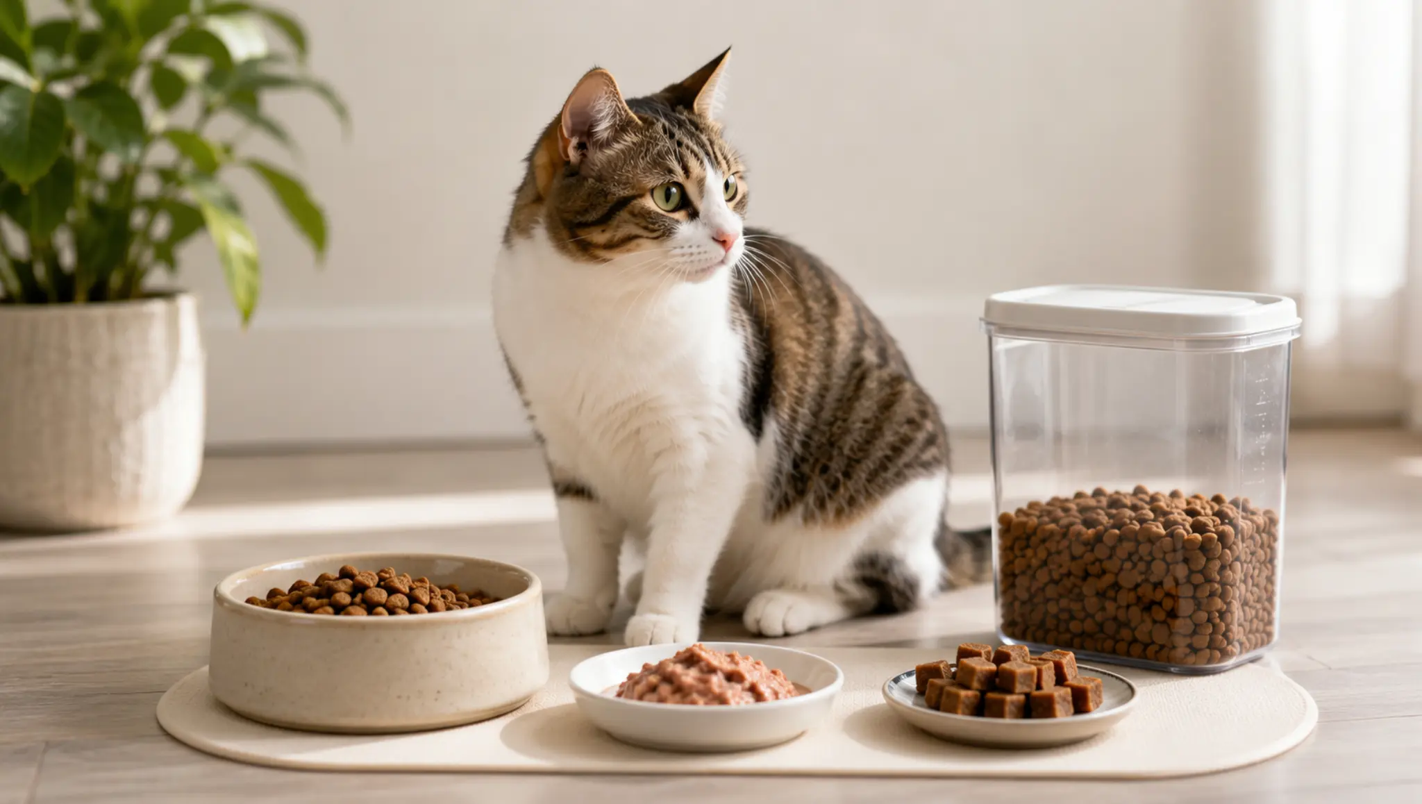 cat beside bowls of food and treats showing common food causes of cat gas and stomach upset