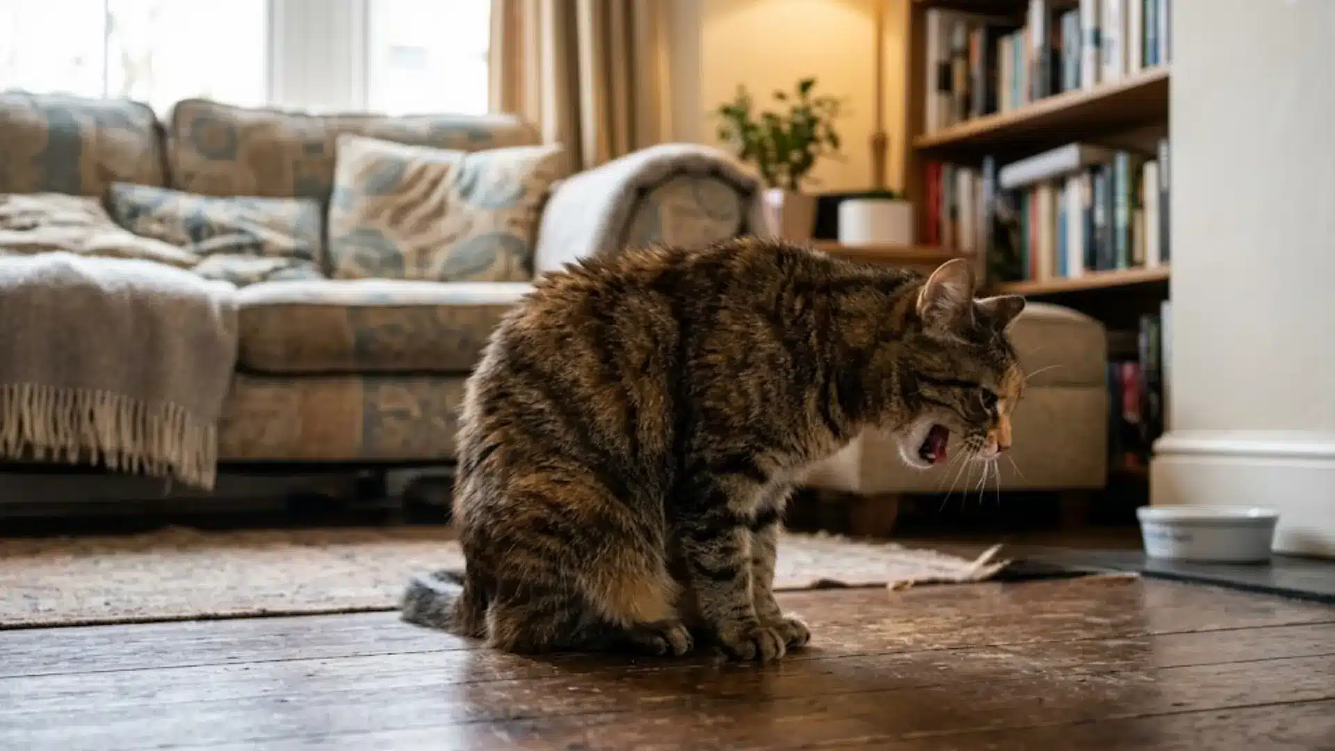 Cat coughing on a living room floor with mouth open and body crouched