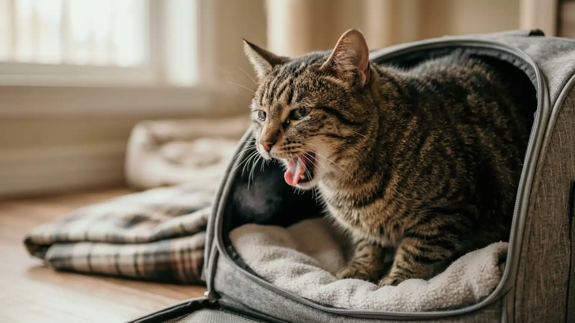 Cat coughing with mouth open while sitting inside a soft pet carrier