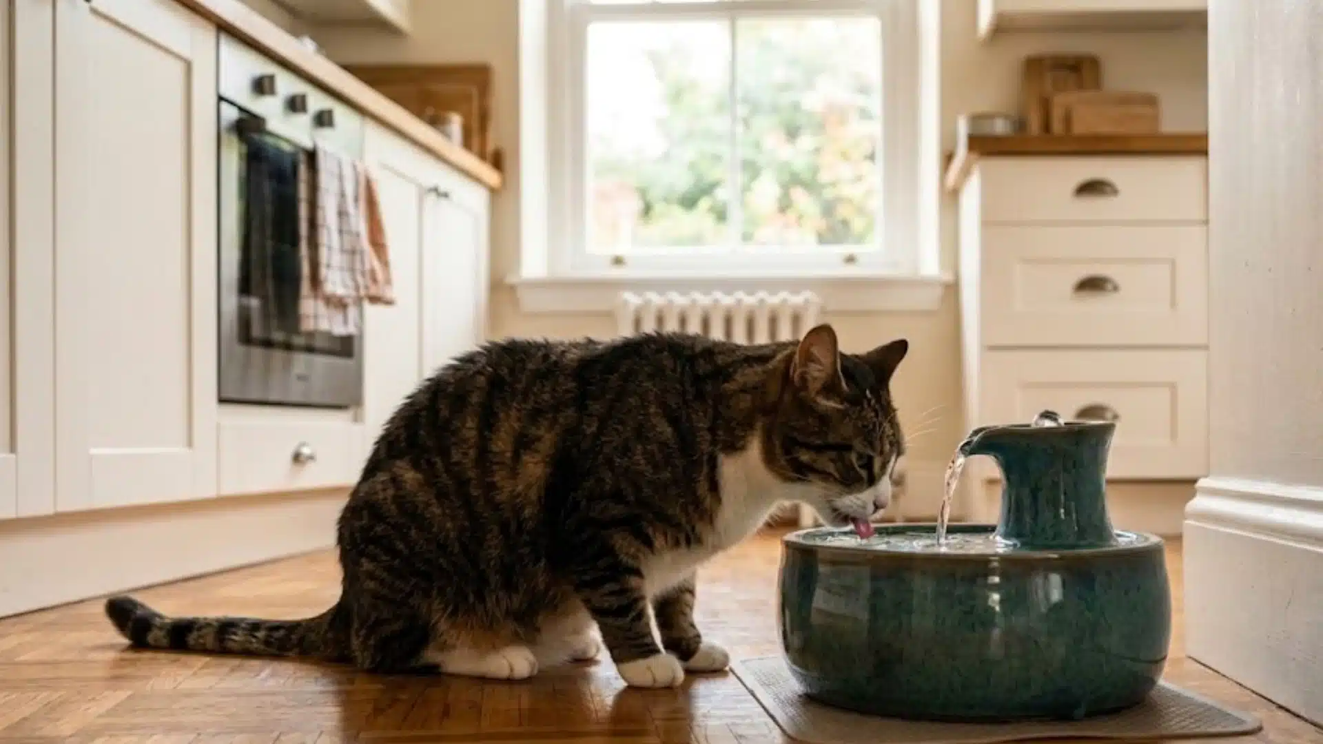 Cat drinking from a water fountain to stay hydrated