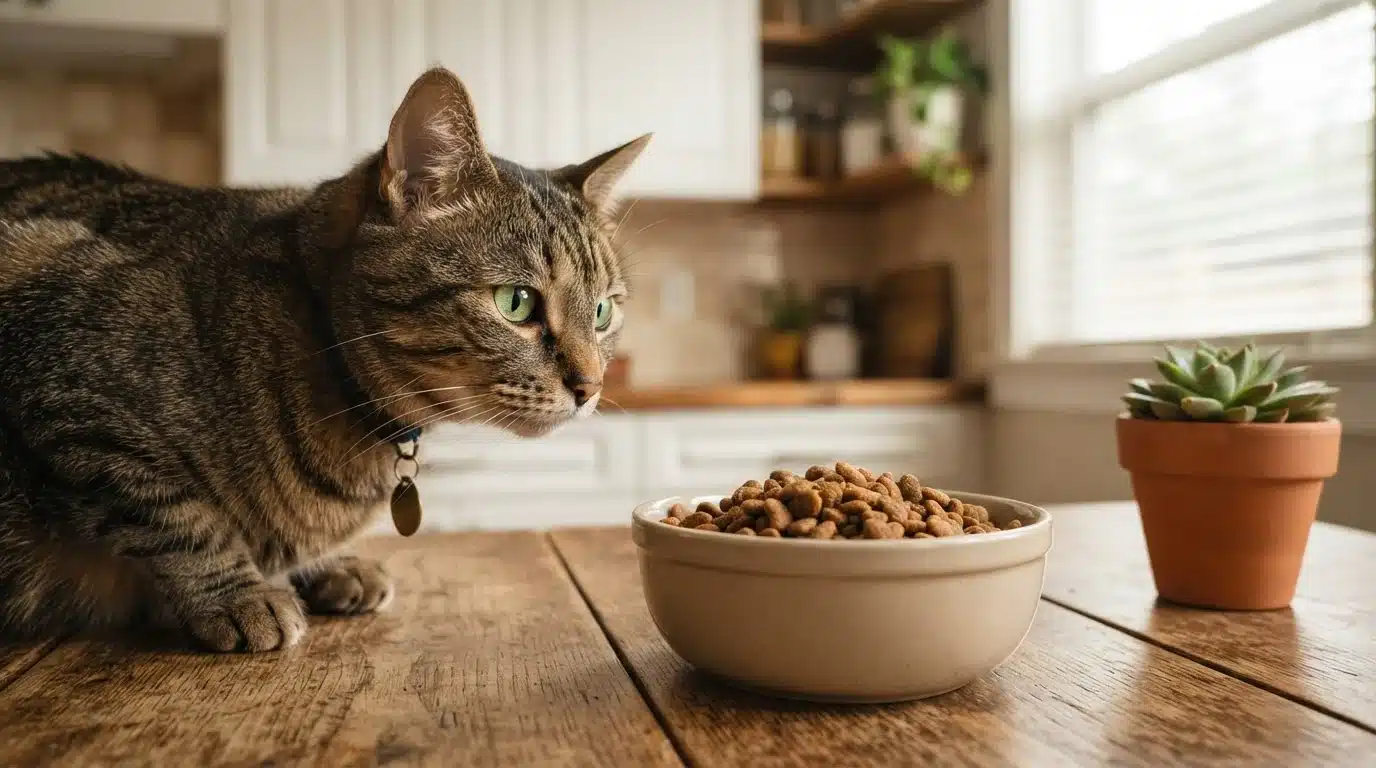 cat eating balanced food with taurine rich nutrition in a home setting