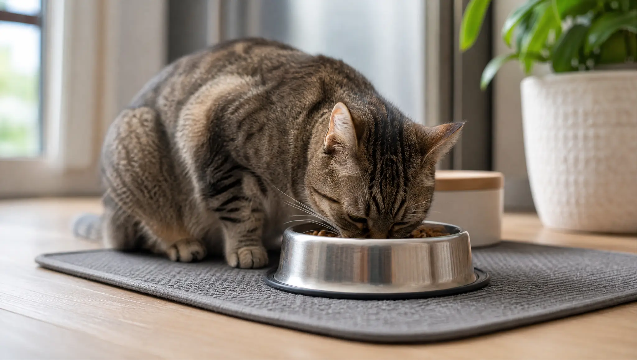 cat eating quickly from a bowl to show a common cause of cat gas and swallowed air