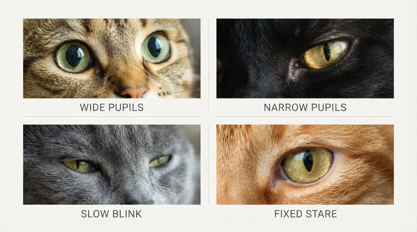 cat eyes showing wide pupils narrow pupils slow blink and fixed stare for feline behaviors