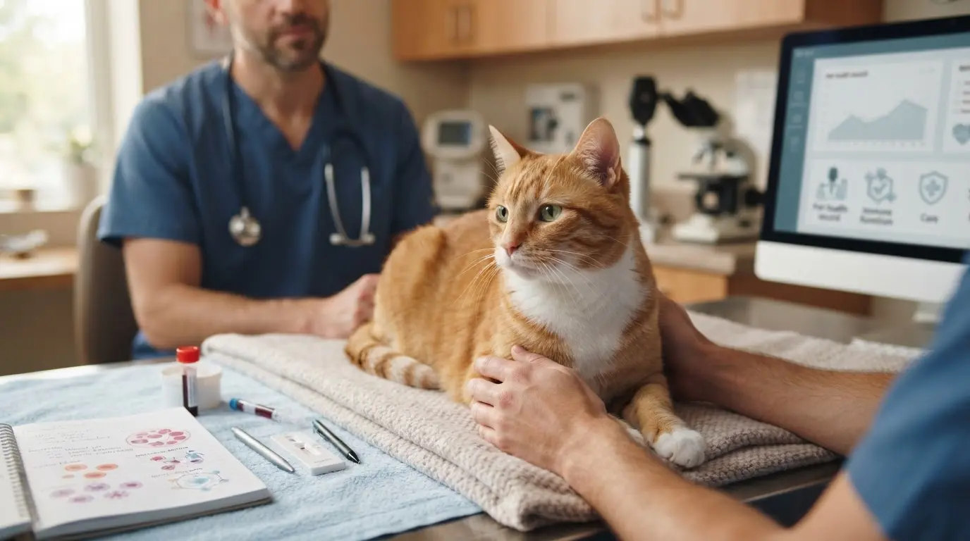 cat health monitoring scene showing different stages of feline leukemia virus infection progression
