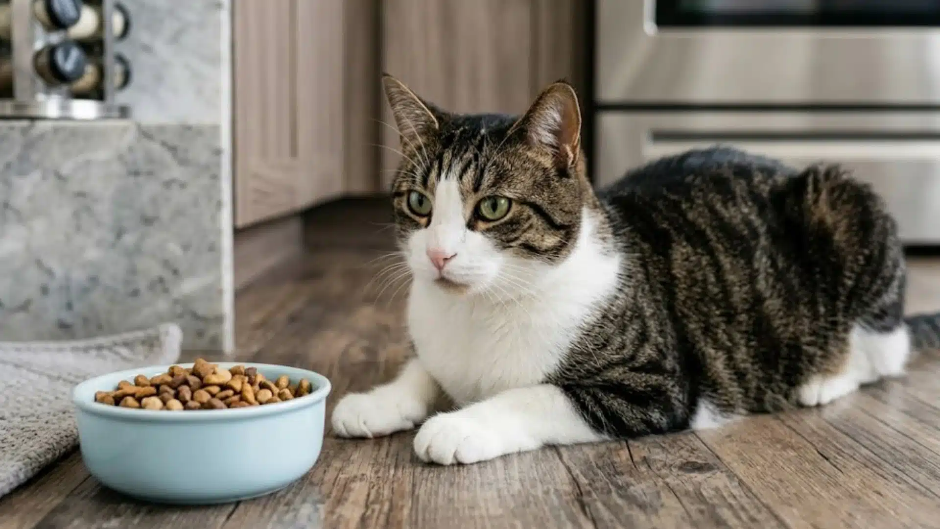 Cat lying beside a bowl of dry food in a kitchen, looking alert but not eating from the dish