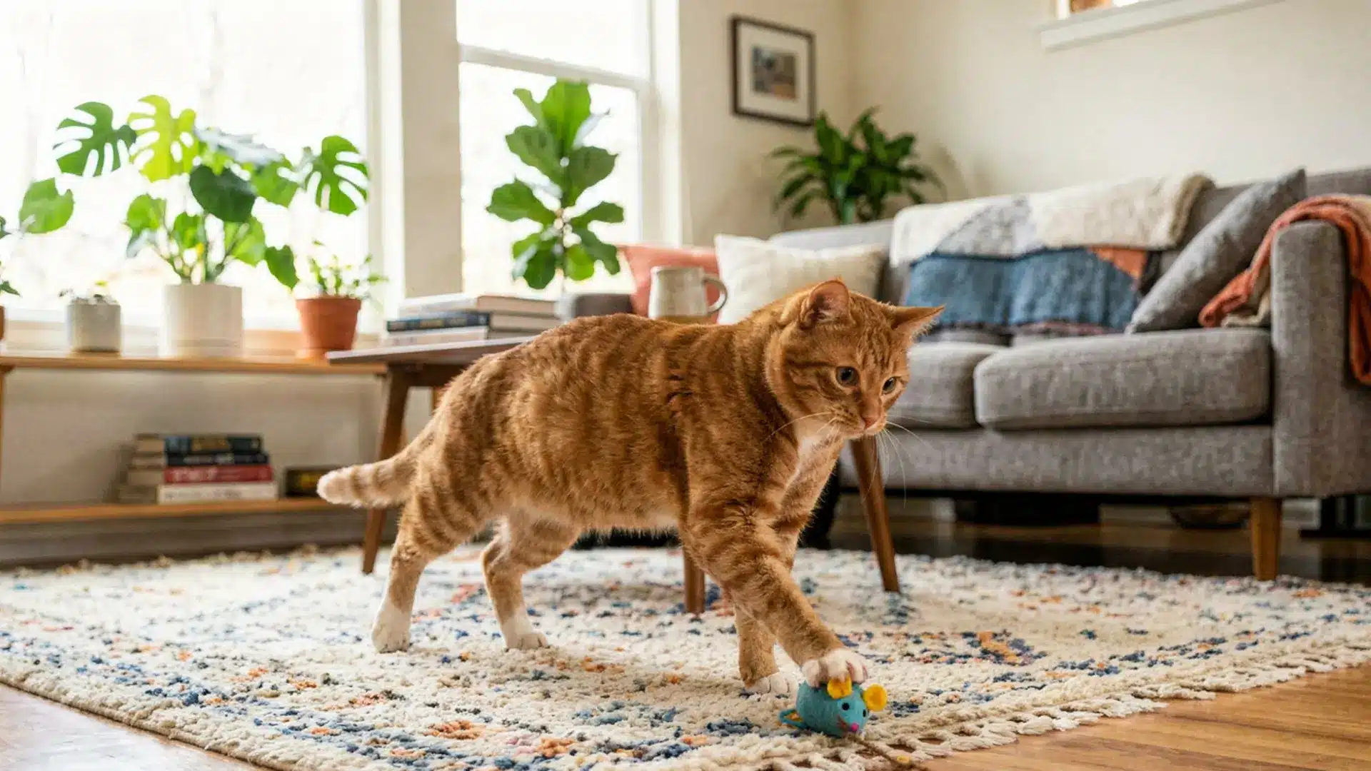 Cat pouncing on an interactive toy during playtime
