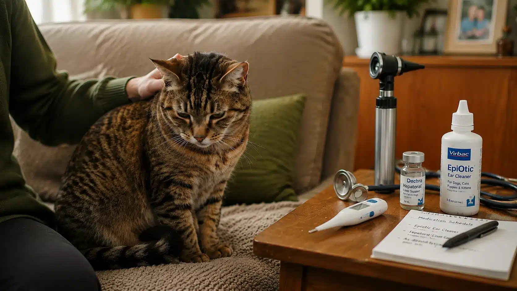 cat receiving veterinary care at home with health supplies and monitoring tools nearby