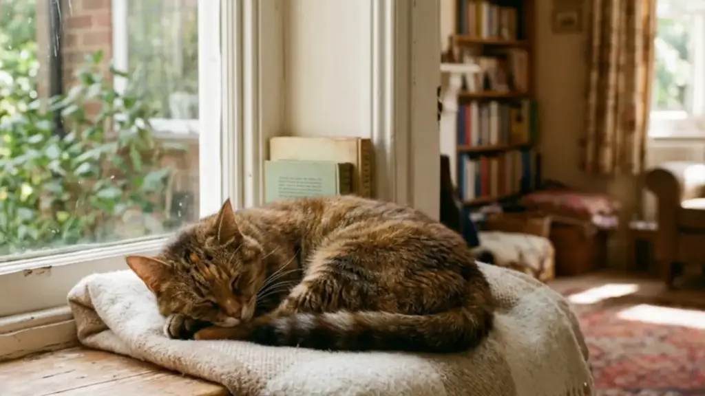 Cat sleeping peacefully on a sunny windowsill at home