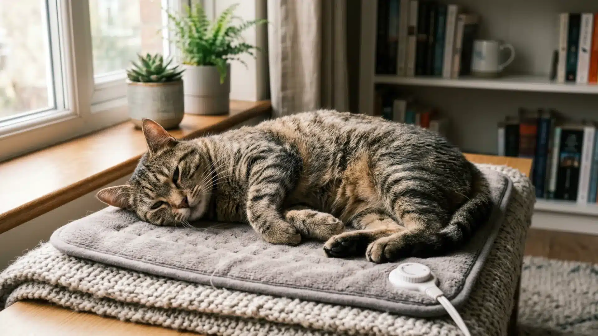 Cat resting comfortably on a warm pad, a helpful tip for soothing a cat in heat