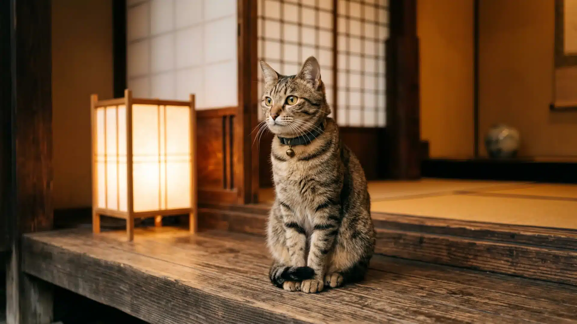 Cat sitting on Japanese wooden floor by paper lantern, illustrating Japanese cat name inspiration