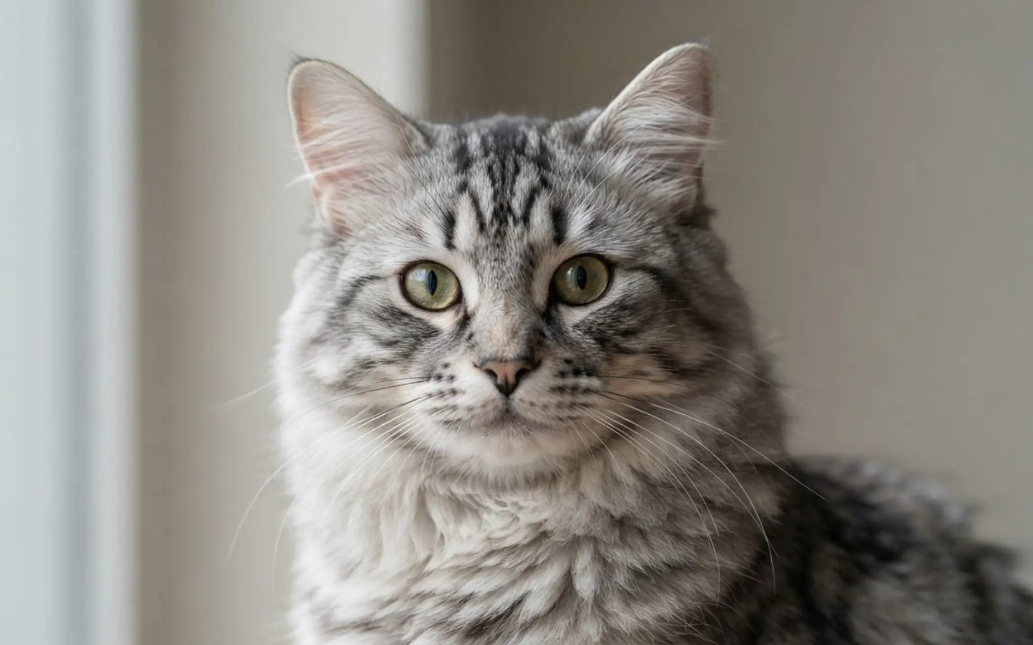 close detailed portrait of a siberian cat showing rounded head wide eyes and medium ears