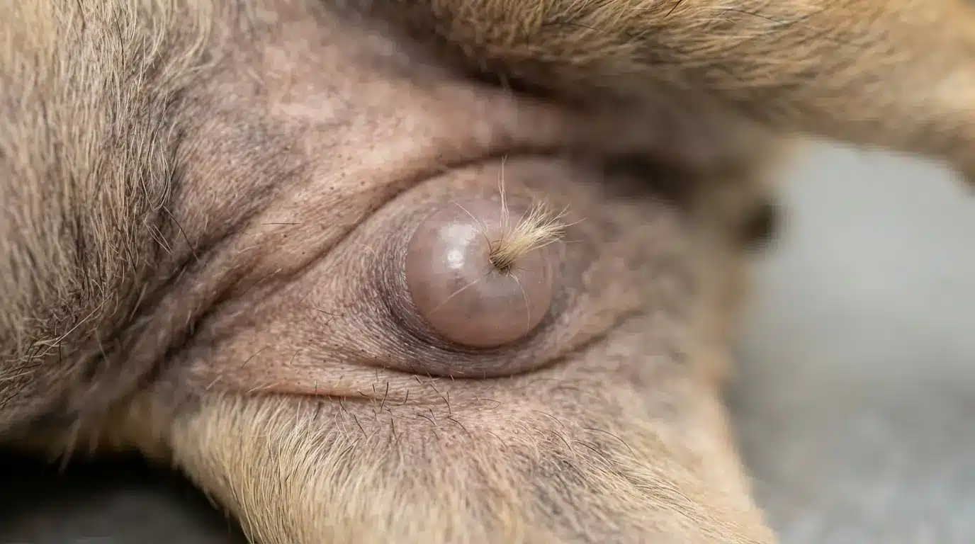 close up of a dermoid cyst with hair emerging from the lesion showing realistic canine skin detail