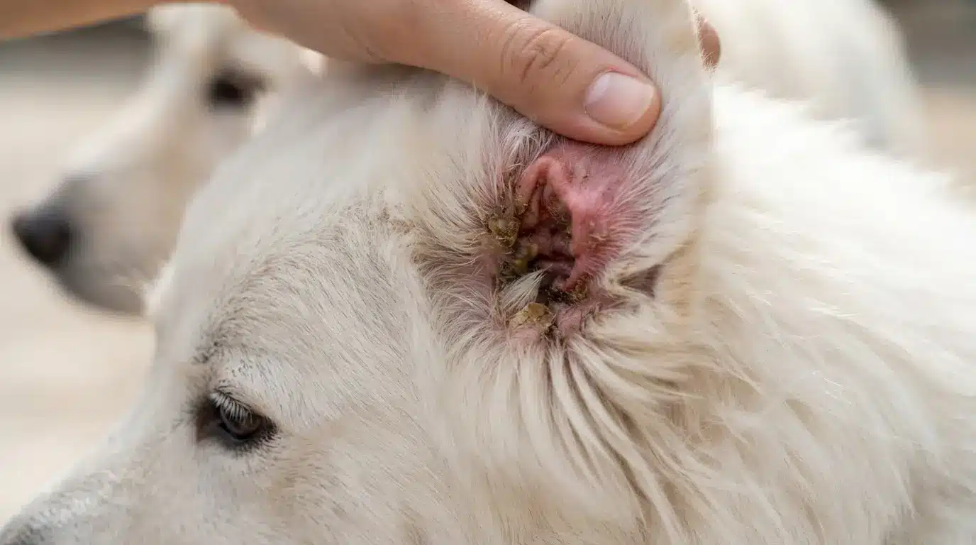 close up of a dog ear hematoma showing realistic stretched skin texture with detailed ear anatomy