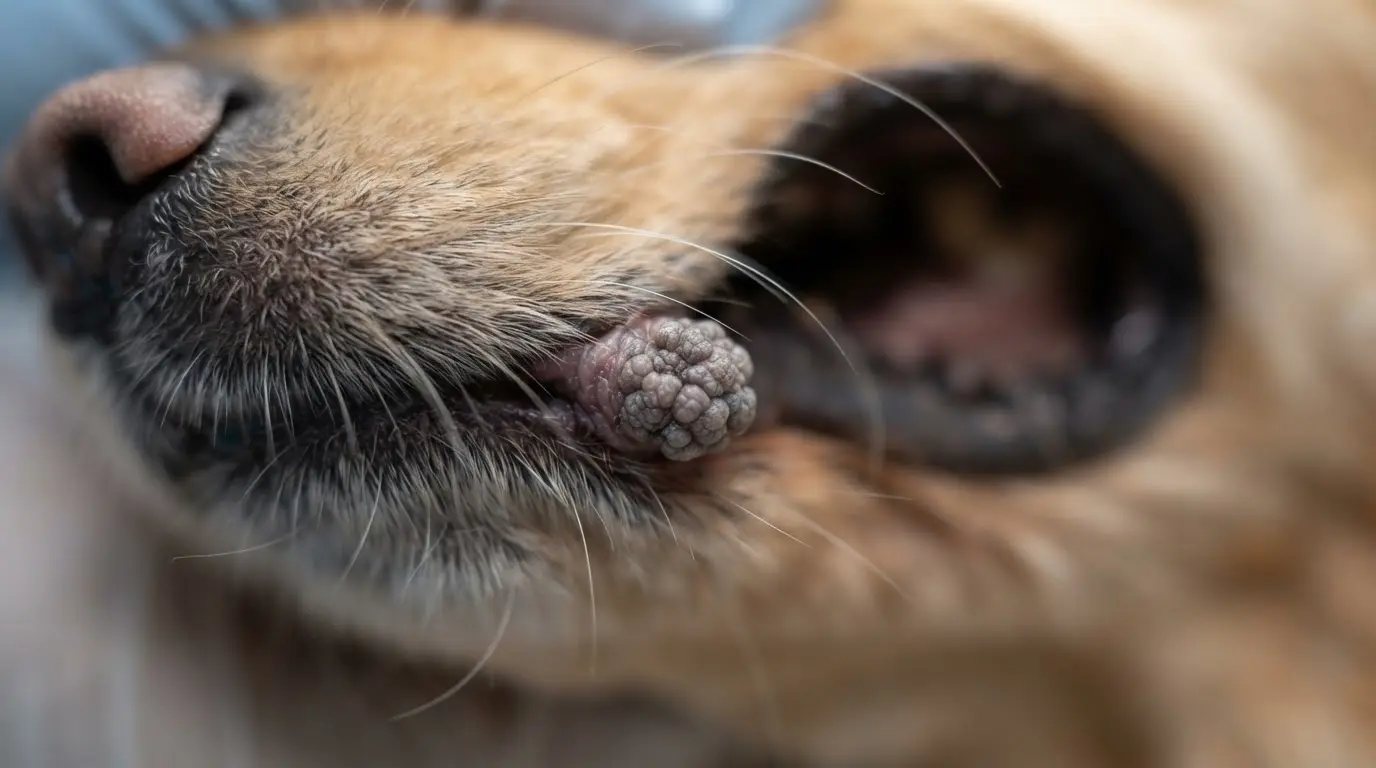 close up of a dog papilloma with rough wart like texture and realistic surrounding facial skin detail