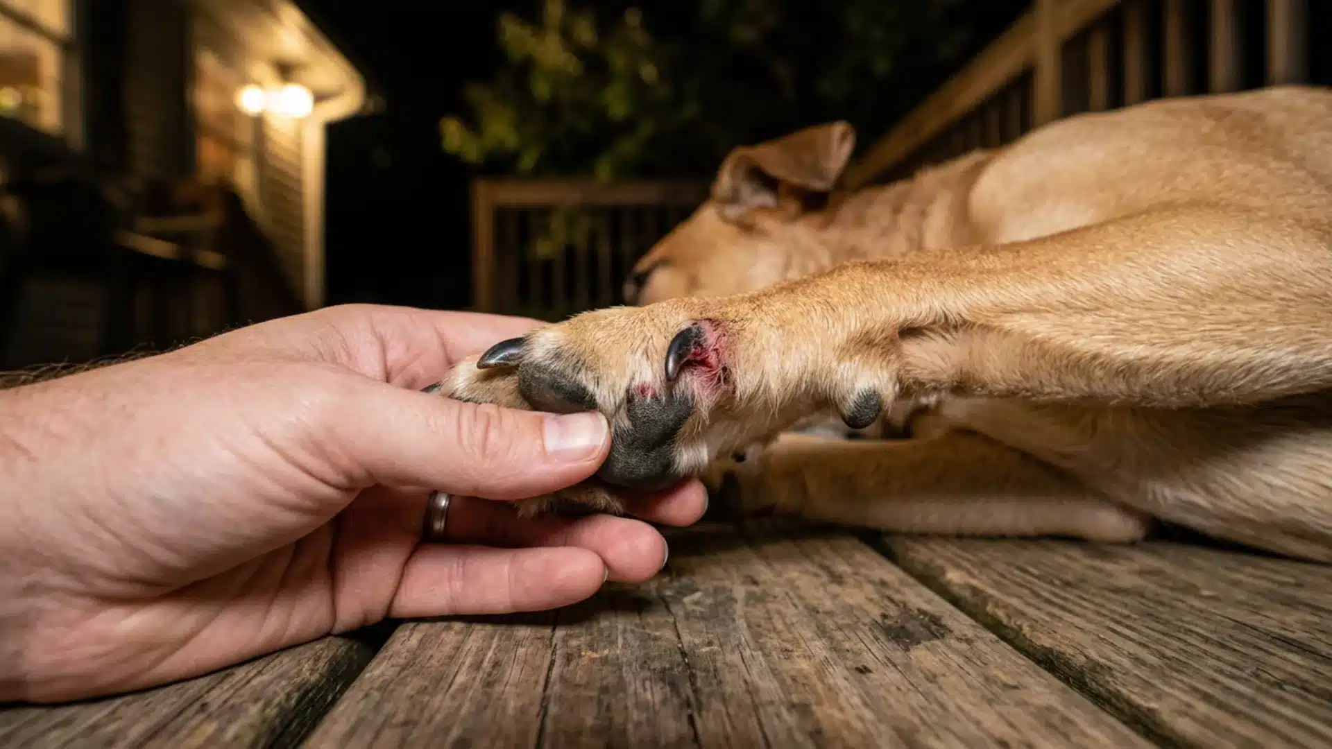 Close-up of a dog with a torn nail being examined by its owner