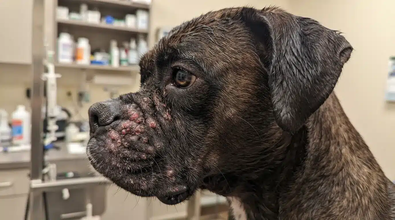 close up of a dog with red crusted bumps and inflamed skin around the muzzle showing early facial mange symptoms