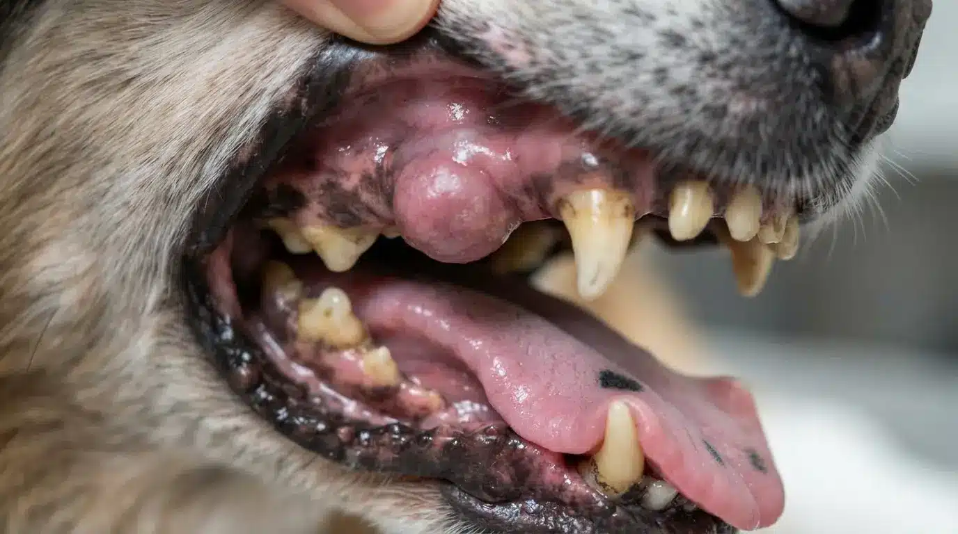 close up of a firm fibroma beneath dog skin showing realistic pores and natural fur texture
