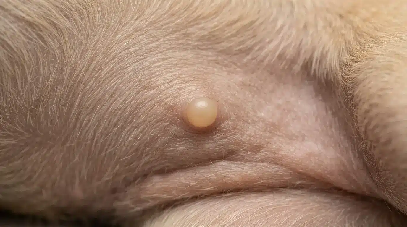 close up of a flesh colored epidermal cyst with natural skin pores and surrounding healthy dog fur