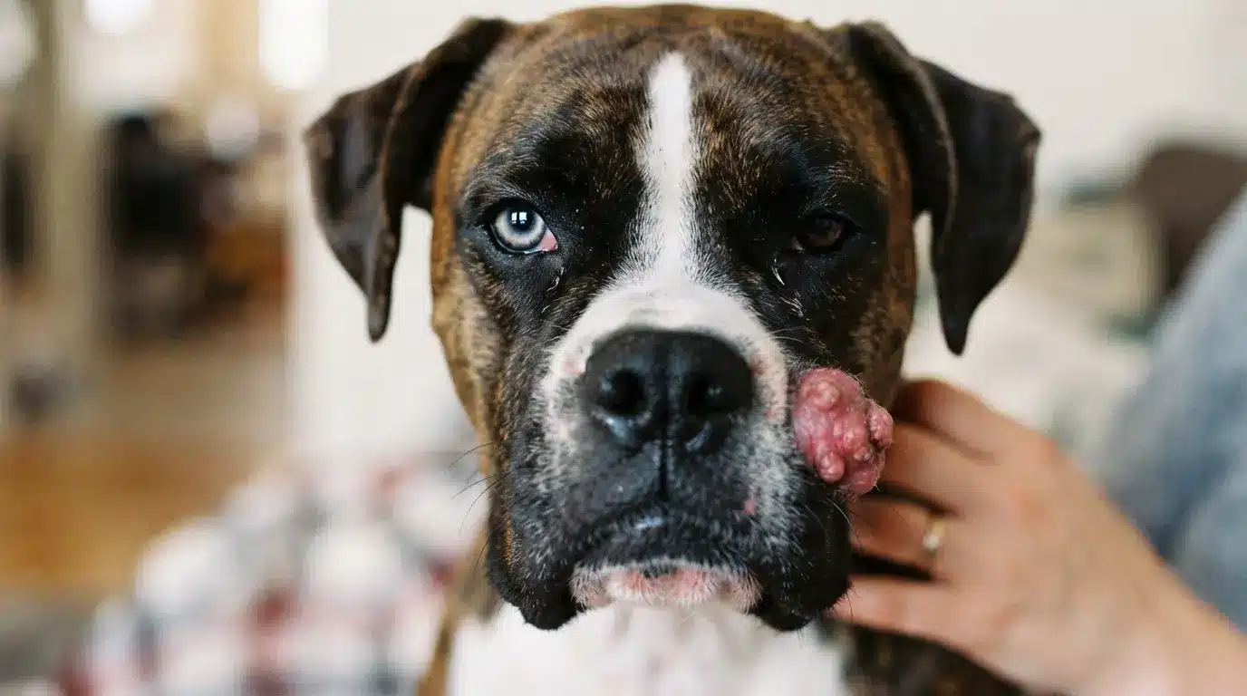 close up of a mast cell tumor showing realistic raised skin texture with detailed canine fur and pores