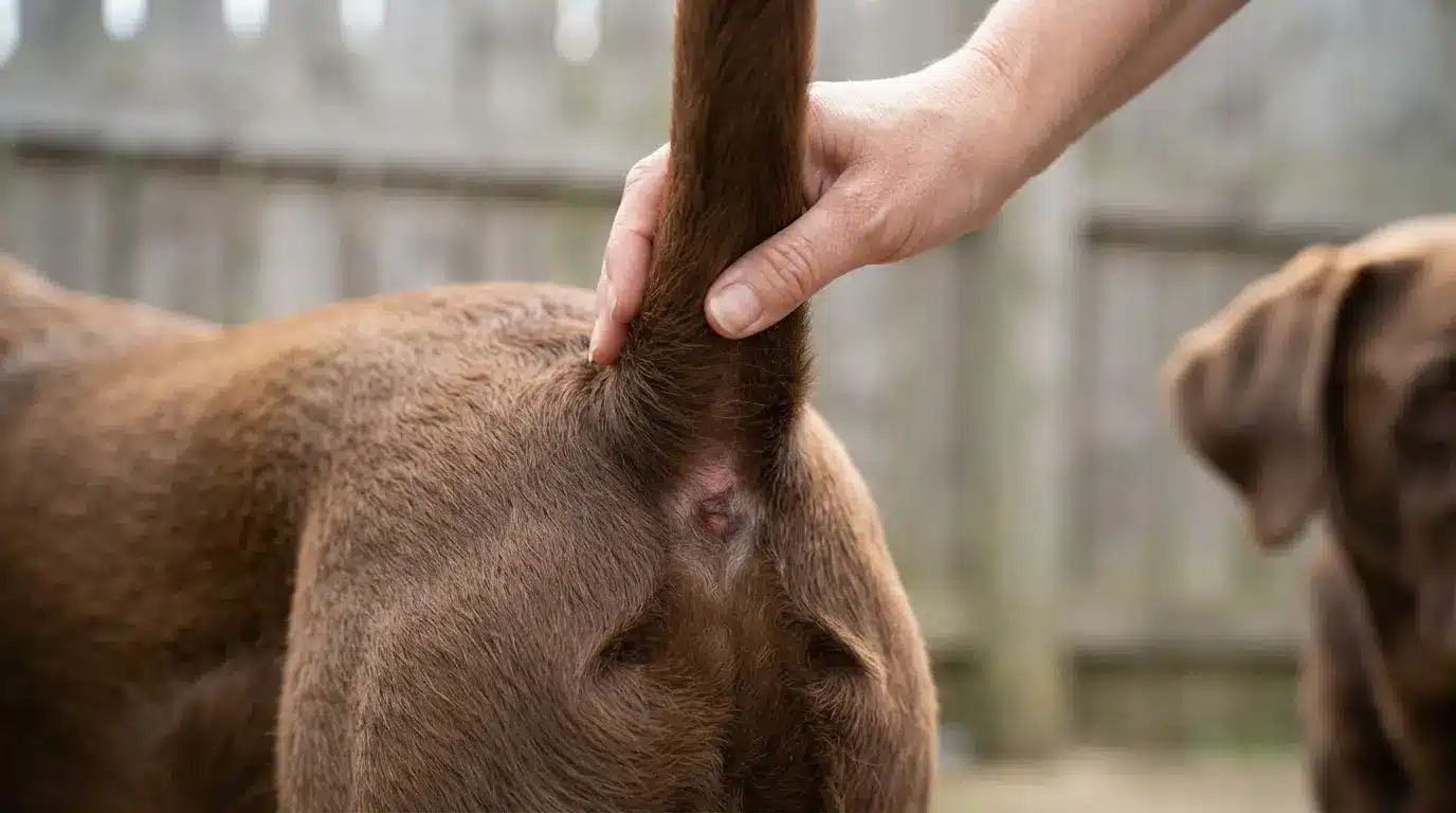 close up of a perianal adenoma showing realistic canine skin texture in a professional medical view
