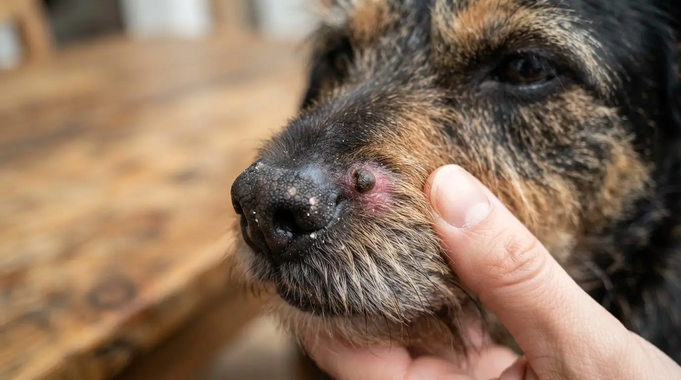 close up of a pigmented melanoma on dog skin showing realistic texture and detailed surrounding tissue