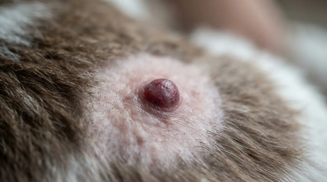 close up of a raised red dog skin lump with surrounding hair loss showing a smooth rounded surface during examination