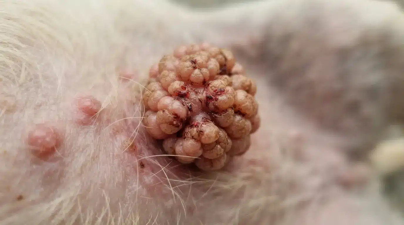 close up of a sebaceous adenoma showing rough texture with detailed canine skin and healthy fur