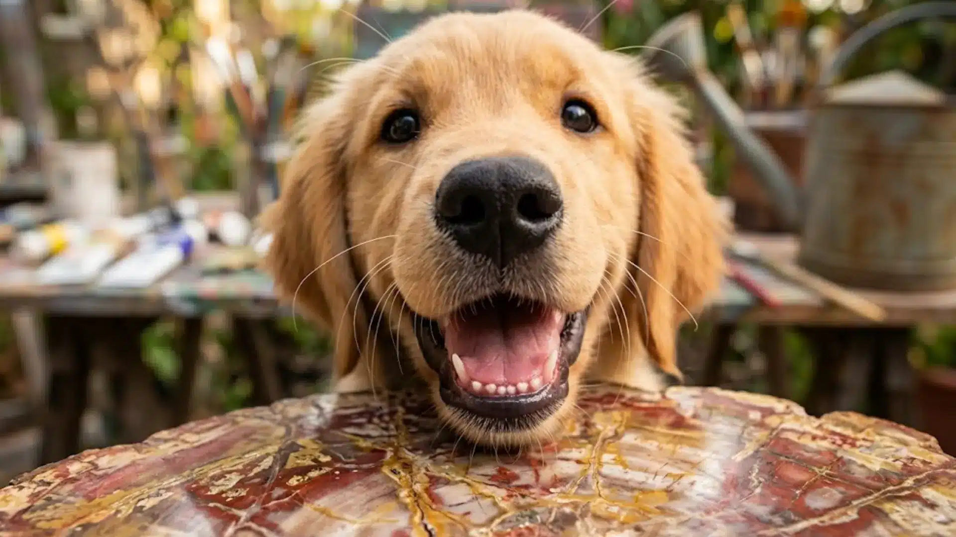 Close-up of a smiling golden retriever with mouth open, resting its chin on a table outdoors