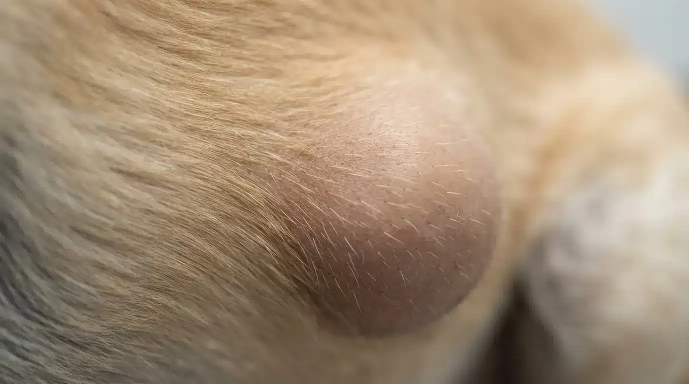 close up of a soft lipoma beneath dog skin showing natural skin texture and healthy surrounding fur