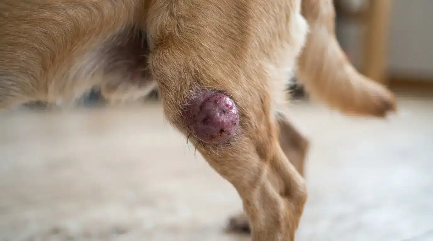 close up of a soft tissue sarcoma beneath dog skin showing realistic stretched skin and natural fur