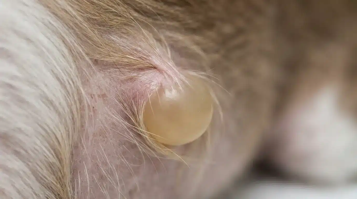 close up of an apocrine cyst beneath dog skin showing realistic swelling and detailed skin texture