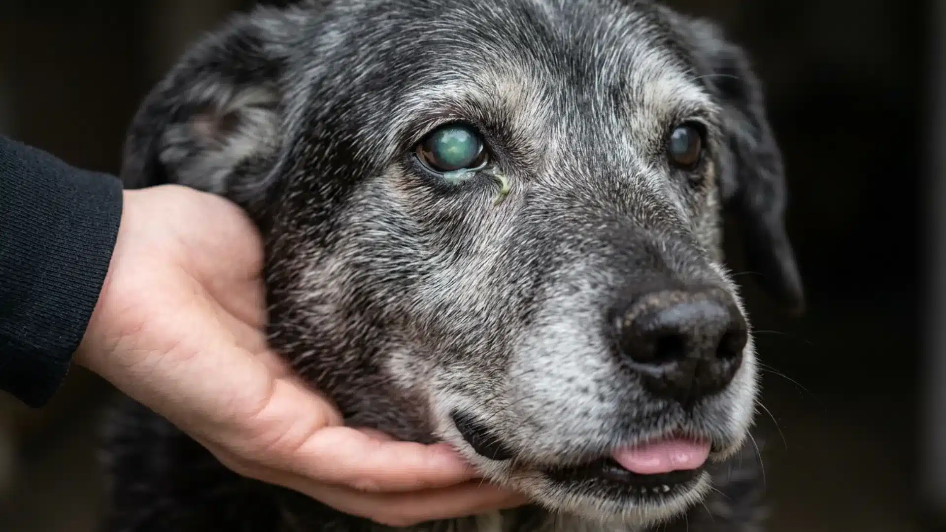 Close up of an elderly dog with a cloudy eye and eye discharge