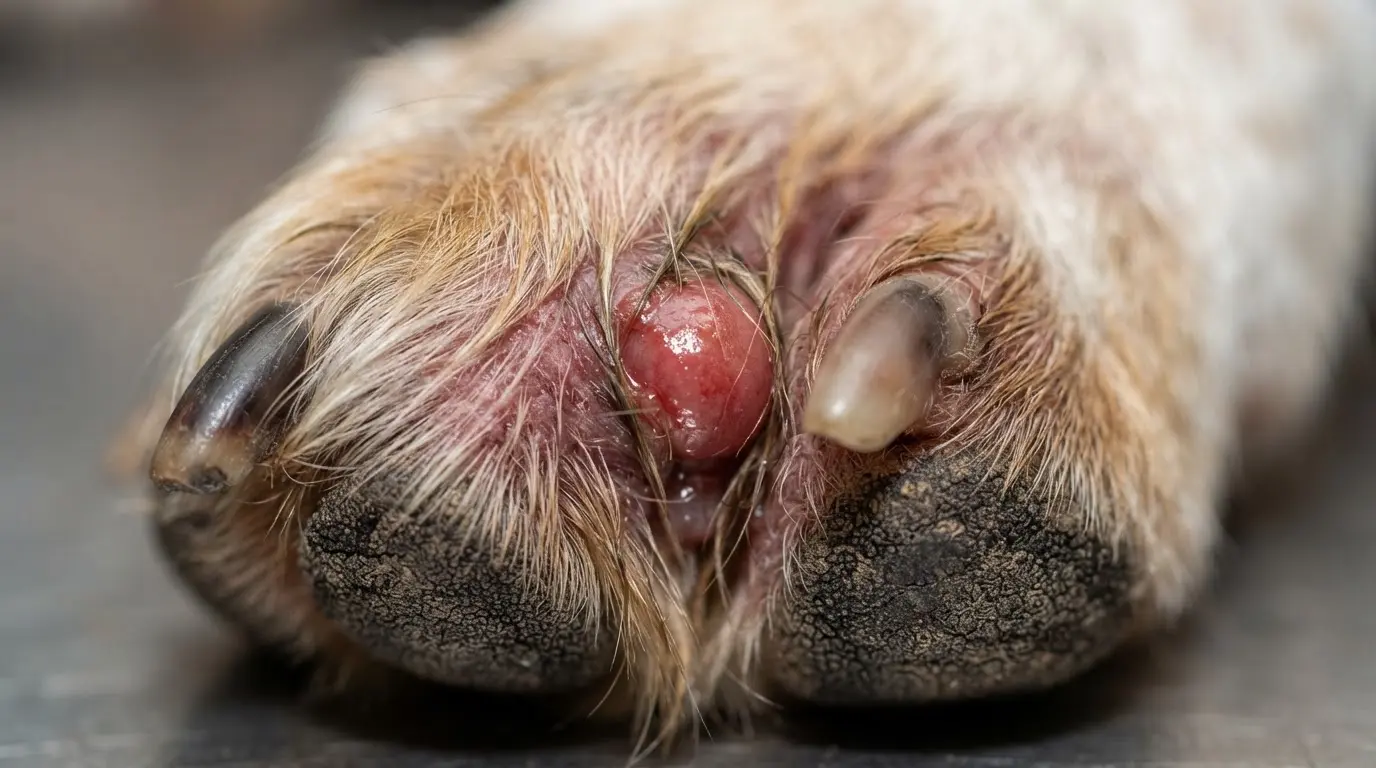 close up of an interdigital cyst between dog toes showing realistic paw skin texture and fine fur
