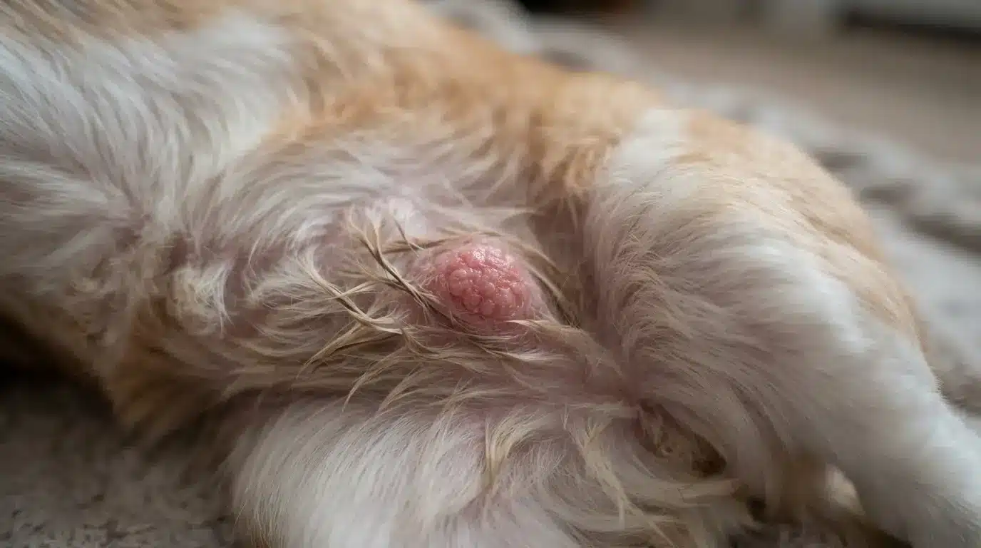 close up of squamous cell carcinoma on dog showing realistic crusted skin texture and fine fur