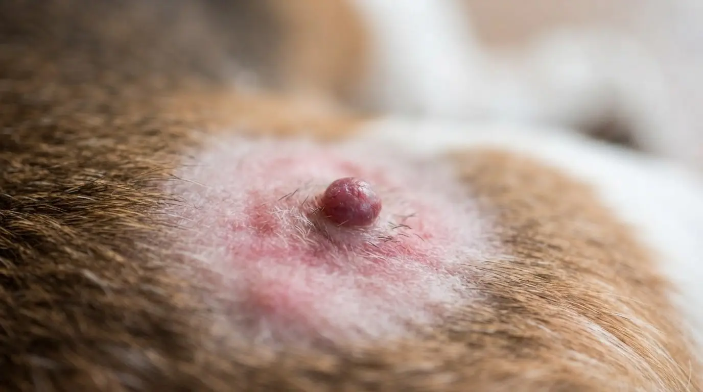 close up shot of realistic sebaceous cyst beneath dog fur during routine veterinary skin examination