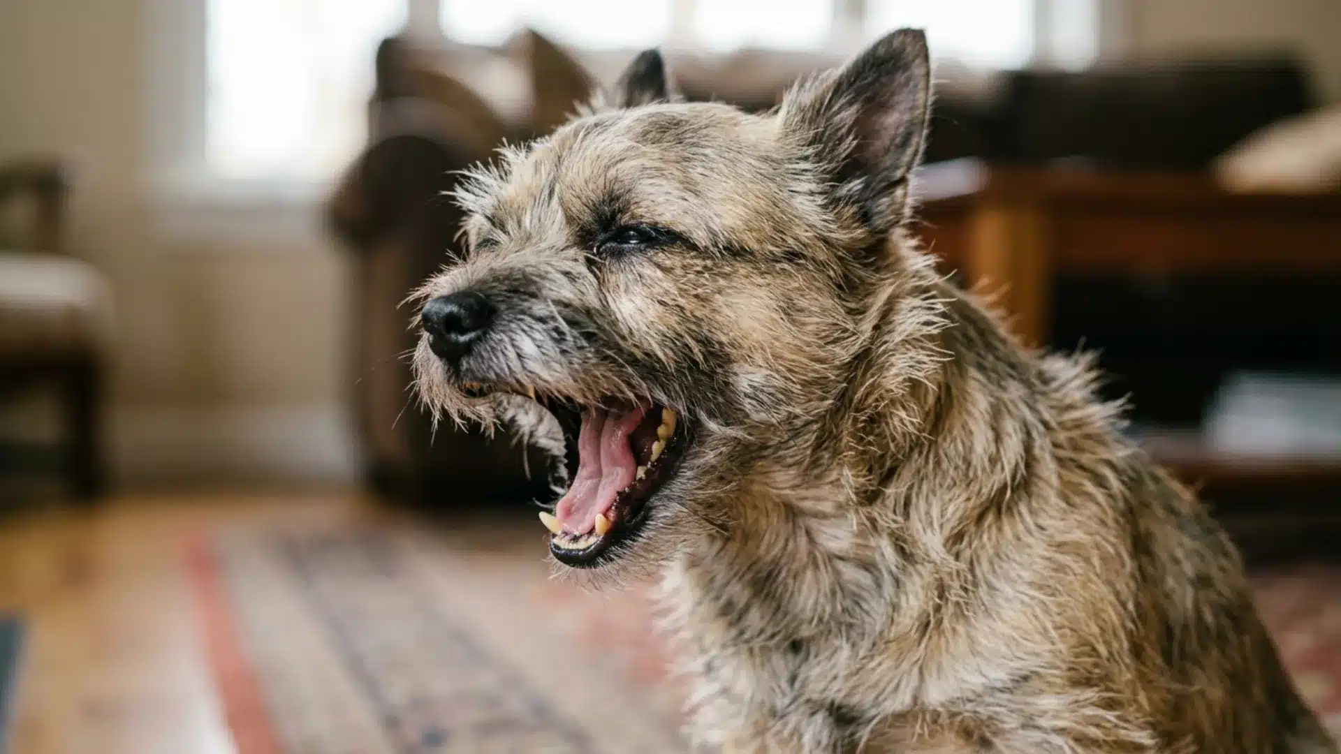 Close-up of a dog mid-cough showing the honking kennel cough symptom