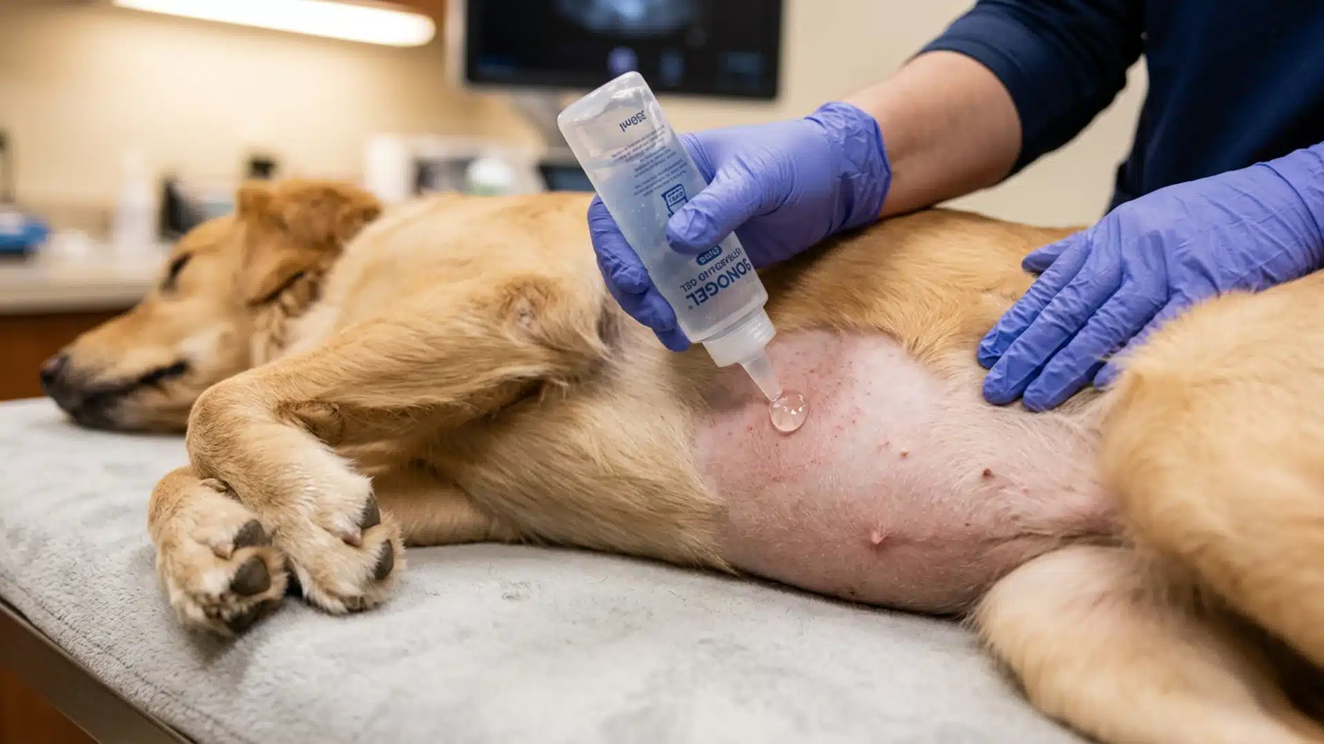 Close-up of ultrasound gel being applied to a dog's shaved abdomen before a scan