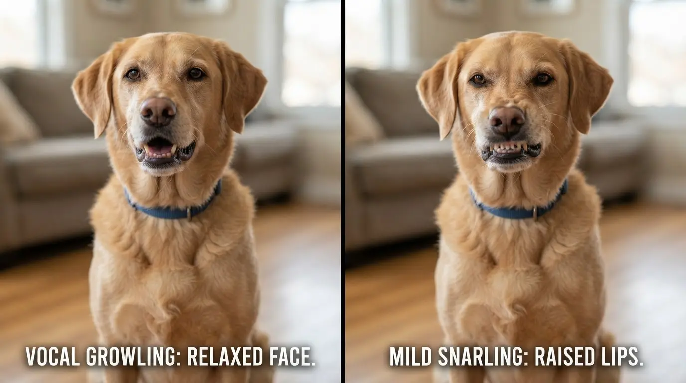 comparison of dog growling and snarling expressions showing different communication signals