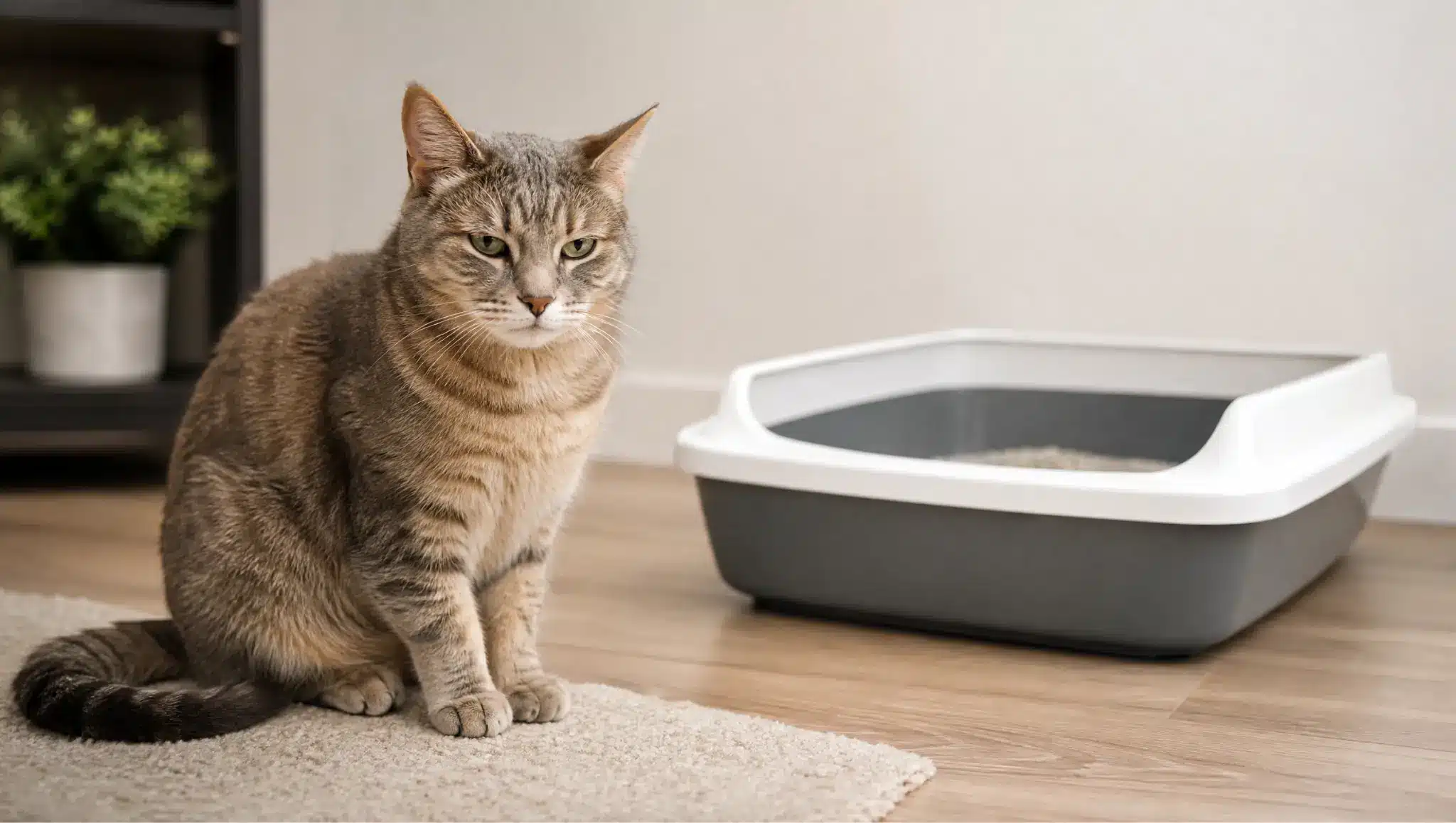 concerned cat near a litter box showing vet warning signs linked to cat gas and digestion issue