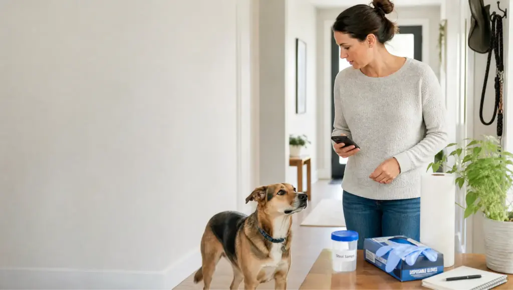concerned dog owner checking a calm dog after blood in dog stool with phone and stool sample kit