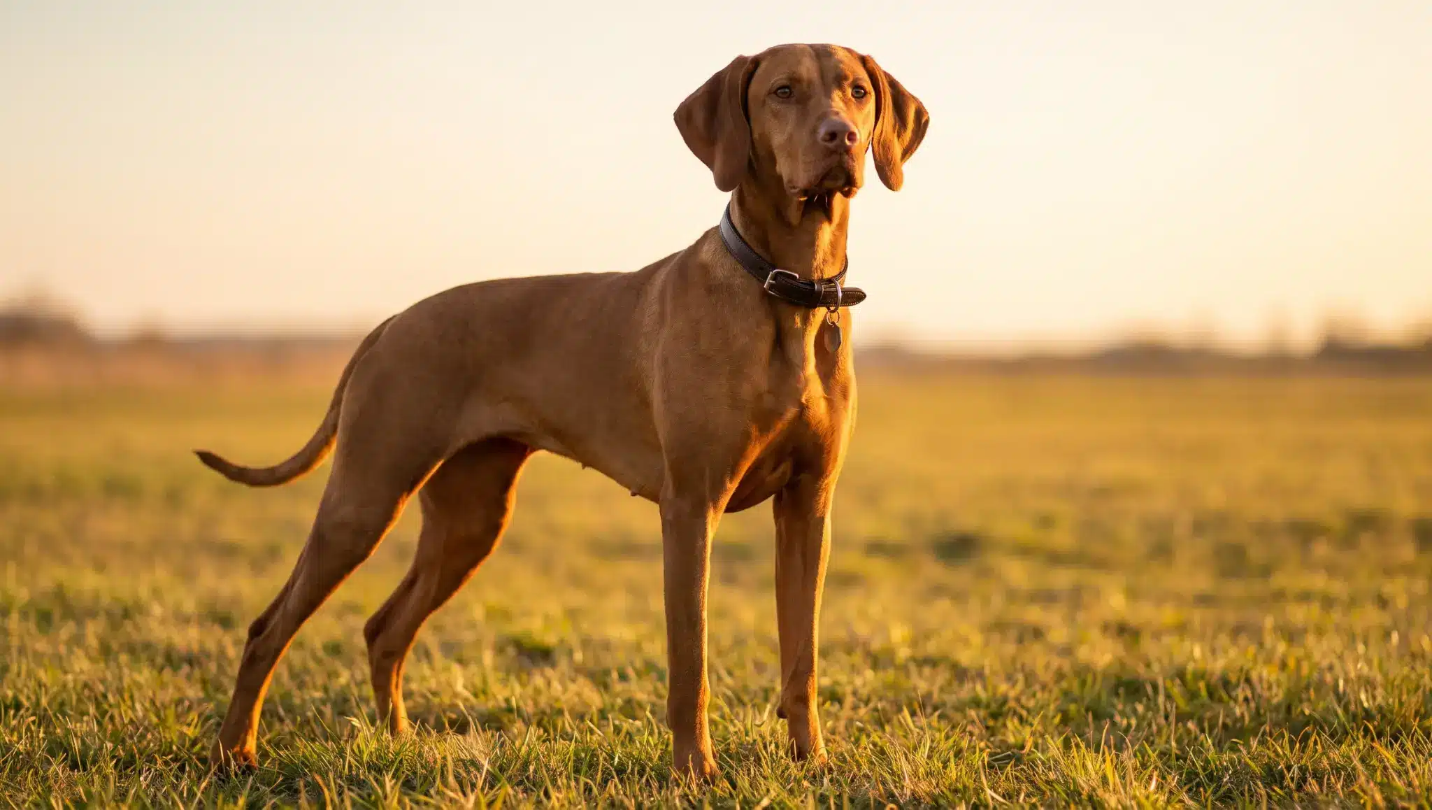 confident female dog standing in an open field for bold girl dog name ideas