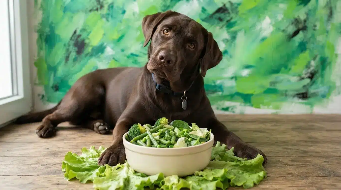 confused chocolate labrador beside a bowl of green vegetables with white question marks above (1)