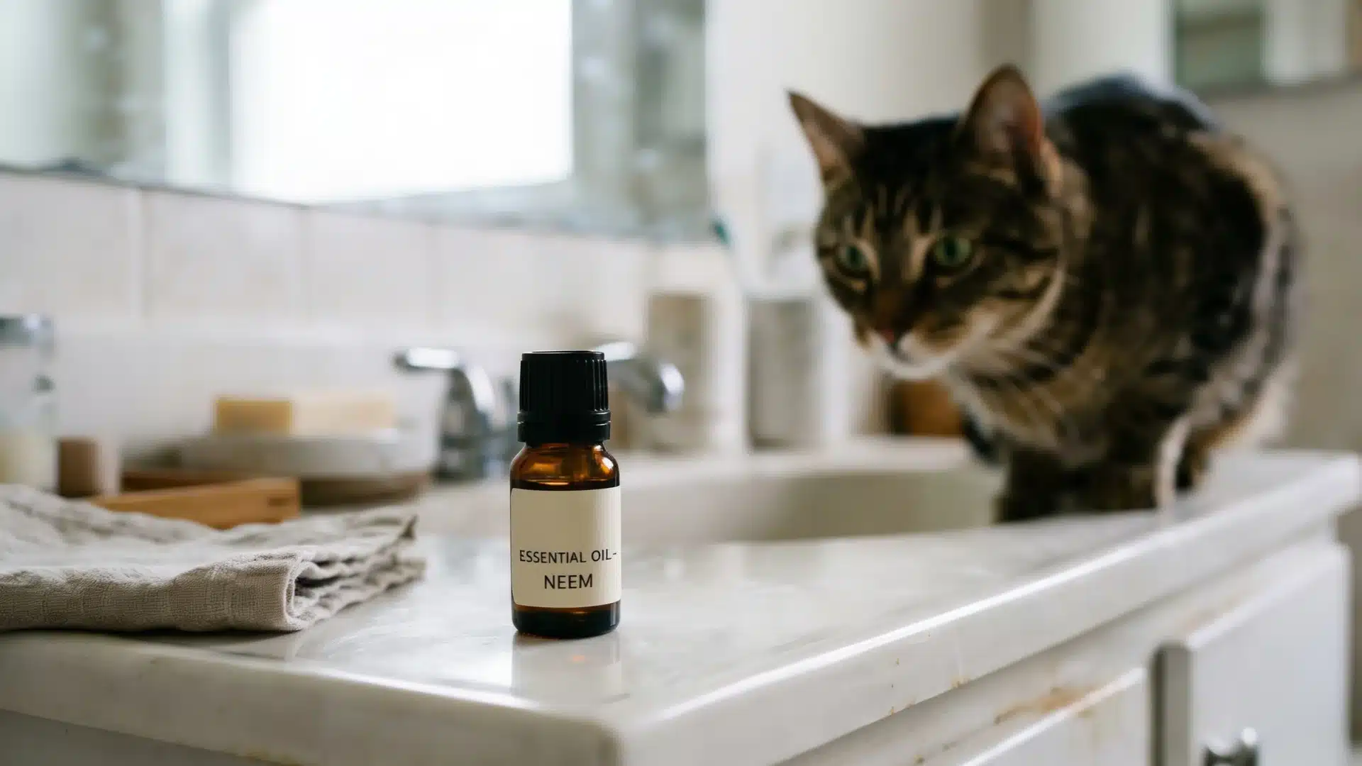 Curious cat near essential oil bottle at home.