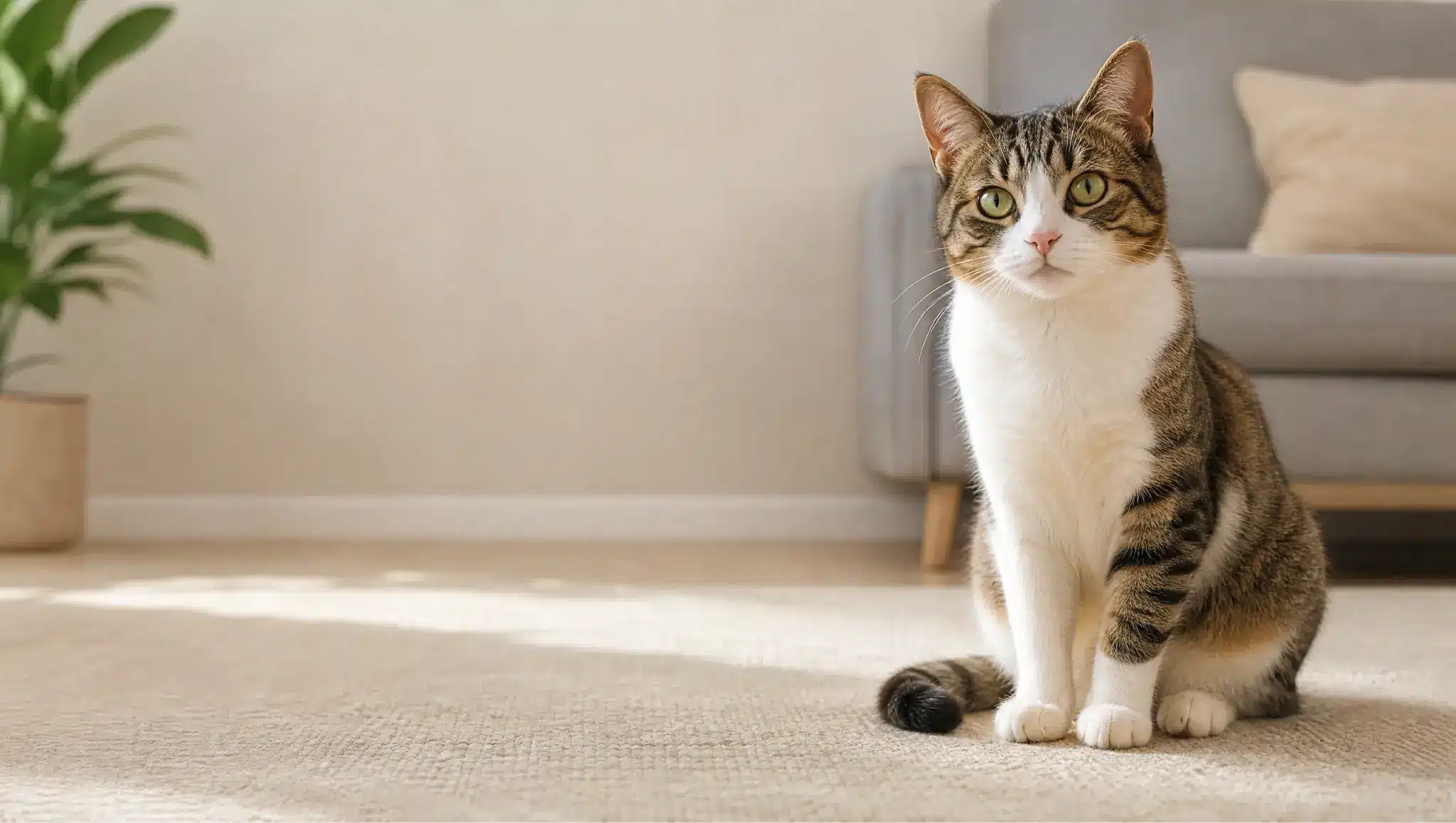 curious cat sitting on a sofa in a clean home setting for a do cats fart article about cat gas